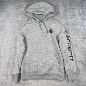 Carhartt Sweatshirt Women Small Gray Relaxed Fit Sleeve Spell Out Hoodie Work